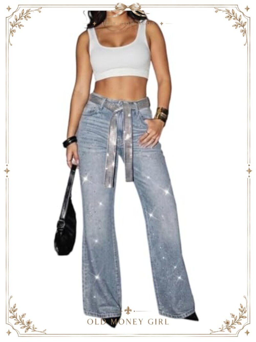 High Waisted Rhinestone Wide Leg Jeans Matching Belt